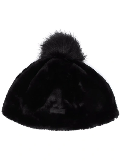 Ugg Faux-fur Logo-patch Beanie Hat In Black