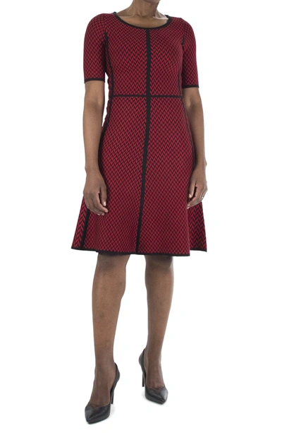 Nina Leonard Chevron Print Fit & Flare Sweater Dress In Black/ Red