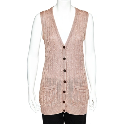 Pre-owned Polo Ralph Lauren Pale Pink Linen Cable Knit Sleeveless Button Front Cardigan S