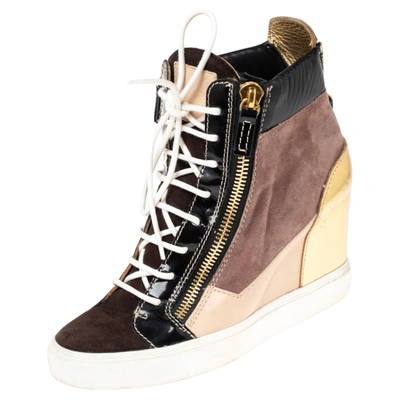 Pre-owned Giuseppe Zanotti Multicolor Leather And Suede High Top Wedge Trainers Size 39