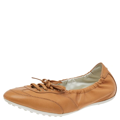 Pre-owned Tod's Brown Leather Scrunch Lace Up Flats Size 37.5