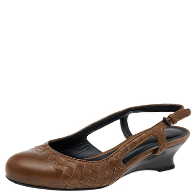 Pre-owned Bottega Veneta Brown Intrecciato Leather Slingback Sandals Size 38