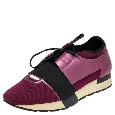 Pre-owned Balenciaga Burgundy/purple Leather And Canvas Race Runner Sneakers Size 40