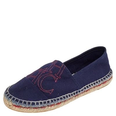 Pre-owned Ch Carolina Herrera Navy Blue Canvas Espadrille Flats Size 37