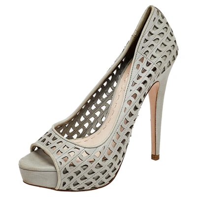 Pre-owned Miu Miu Grey Laser Cut Leather Peep Toe Platform Pumps Size 37