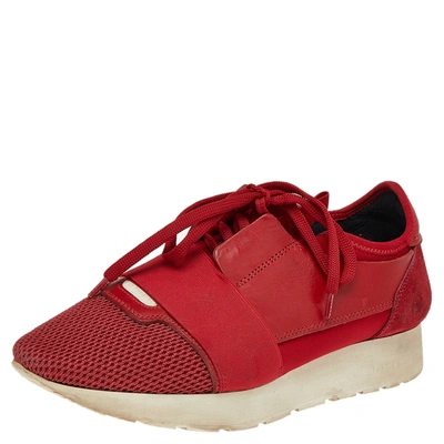 Pre-owned Balenciaga Red Mesh Leather And Suede Race Runner Low Top Sneakers Size 38