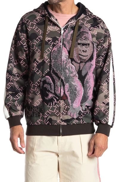 Valentino Gorilla Logo Embellished Zip Hoodie In Camou Army/ Rosa
