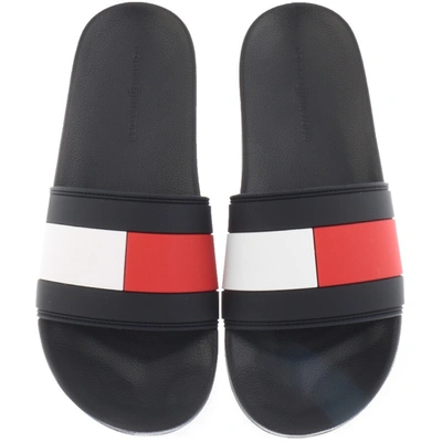 Tommy Hilfiger Flag Pool Slides In Black In Navy