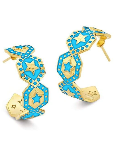 Buddha Mama Sky Blue Star Shield Earrings In Ylwgold