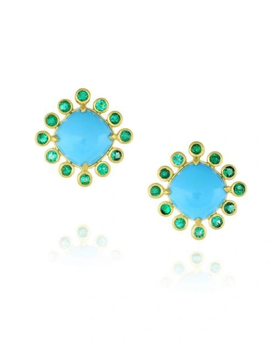 Leigh Maxwell Turquoise And Emerald Omega Earrings In Ylwgold