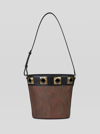 Etro Crown Me Paisley Bucket Bag With Black Studs In Red