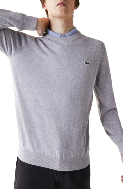 Lacoste Solid Cotton Jersey Crewneck Sweater In Silver