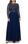 Xscape Embellished Long Sleeve Chiffon A-line Gown In Navy