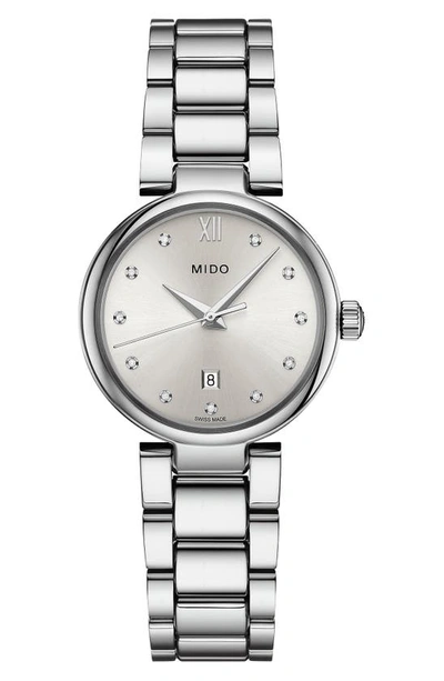 Mido Baroncelli Diamond Bracelet Watch, 28mm In Silver/ Chrome/ Silver
