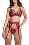 Mapalé Lace Bralette, Garter Belt & Thong In Burgundy