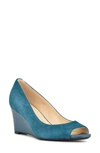 Nine West Women's Cape 9x9 Peep Toe Dress Wedges Pumps Women's Shoes In Teal Suede