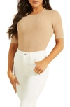Guess Naomi Ribbed Short Sleeve Sweater In Light Rum