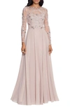 Xscape Women's Sequin Embellished Long Sleeve Chiffon Gown In Tan/beige