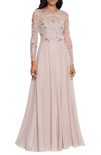 Xscape Women's Sequin Embellished Long Sleeve Chiffon Gown In Taupe