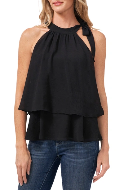 Cece Shoulder Bow Tiered Ruffle Crinkle Chiffon Blouse In Rich Black