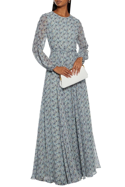 Mikael Aghal Belted Button-detailed Printed Crepe De Chine Maxi Dress In Light Blue