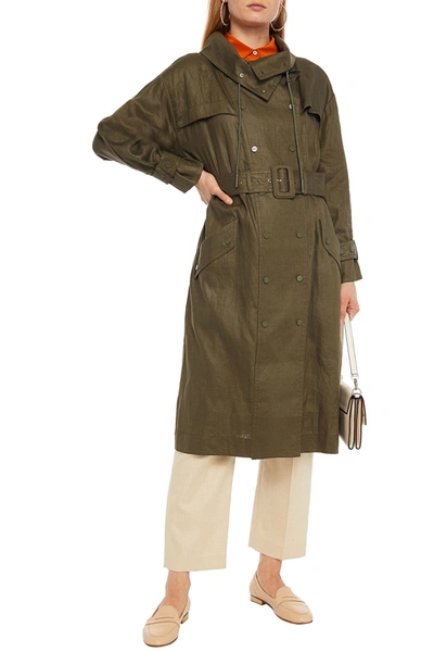Zimmermann Double-breasted Linen Hooded Trench Coat In Army Green