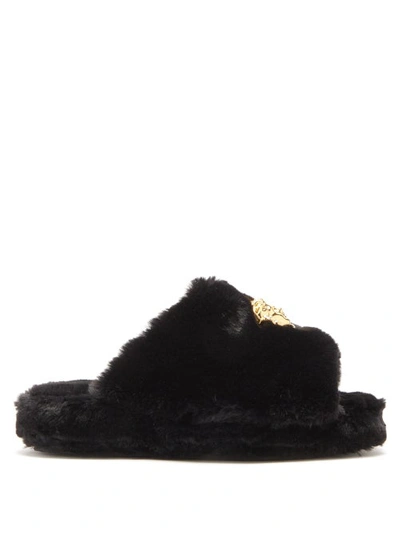 Versace Logomania Fuzzy Open-toe Slippers In Black