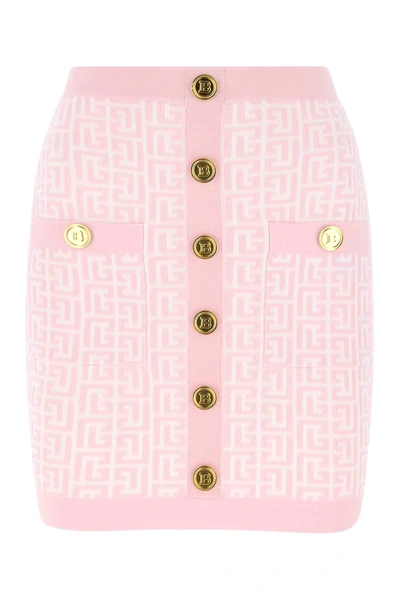 Balmain Pink & White Knit Monogram Button Miniskirt