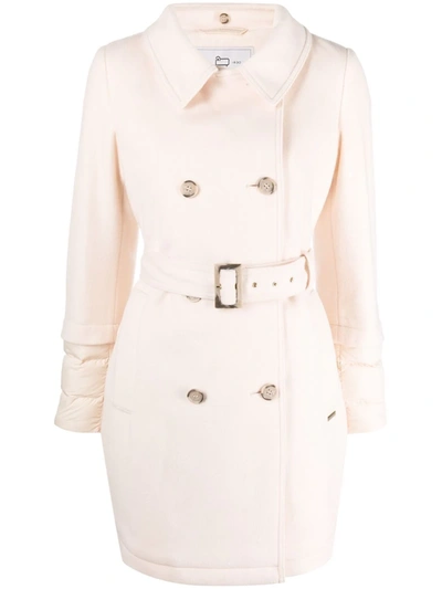 Woolrich Belted-waist Double-breasted Coat In White