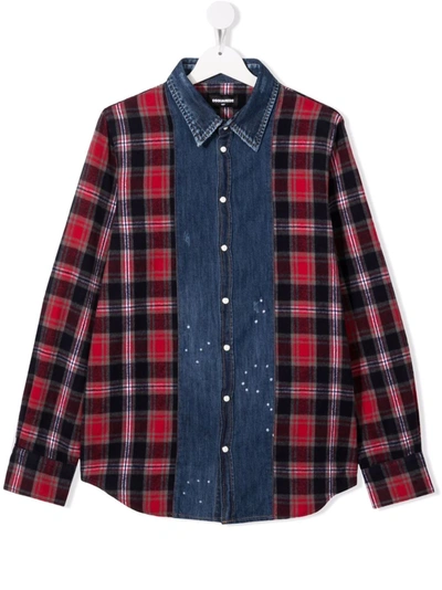 Dsquared2 Teen Checked-panel Denim Shirt In Midnight Blue