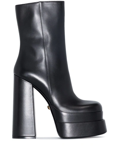Versace 155mm Platform Leather Ankle Boots In Black