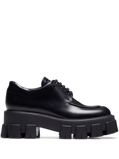 Prada Monolith Platform Lace-up Moccasin Loafers In Black