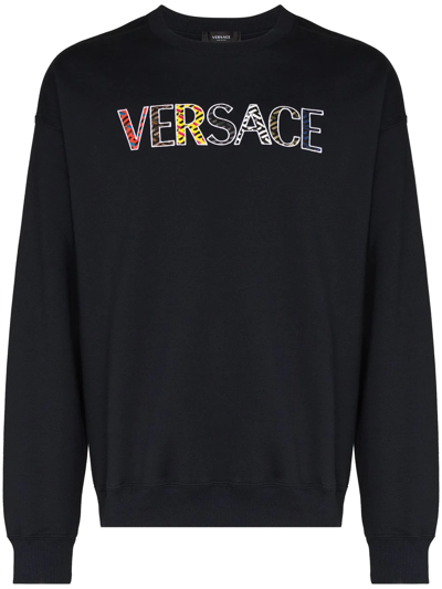 Versace Logo-embroidered Crew-neck Sweatshirt In Blau