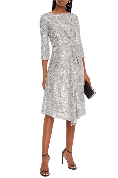 St John Twist-front Sequined Tulle Midi Dress In Silver