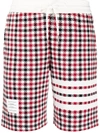 Thom Browne Check-pattern Logo-patch Shorts In Red
