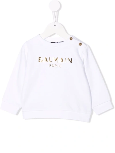 Balmain Babies' Logo-print Button-detail Sweatshirt In Bianco/oro