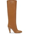 Fendi Karligraphy Logo-embossed Leather Knee Boots In Brown
