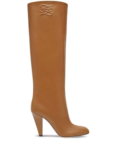 Fendi Karligraphy Logo-embossed Leather Knee Boots In Brown