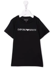 Emporio Armani Black Cotton T-shirt With Logo Print In Blue