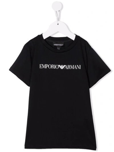 Emporio Armani Kids' Black Cotton T-shirt With Logo Print In Blue