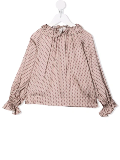La Stupenderia Kids' Polka-dot Print Frilled-neck Blouse In Pink