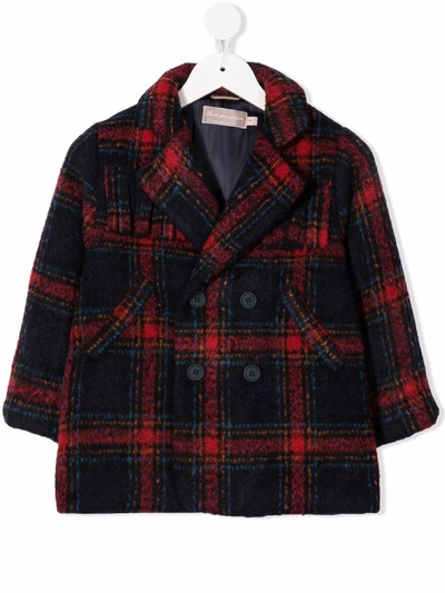 La Stupenderia Kids' Tartan-print Notched-lapels Double-breasted Coat In Blue