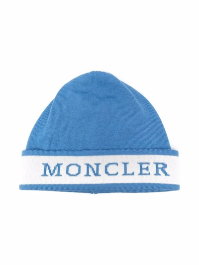 Moncler Kids' Logo-intarsia Knitted Beanie In Blue
