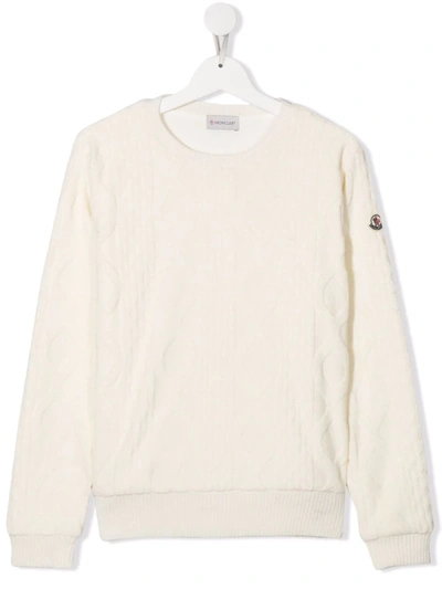Moncler Teen Logo-patch Cable Knit Jumper In Neutrals