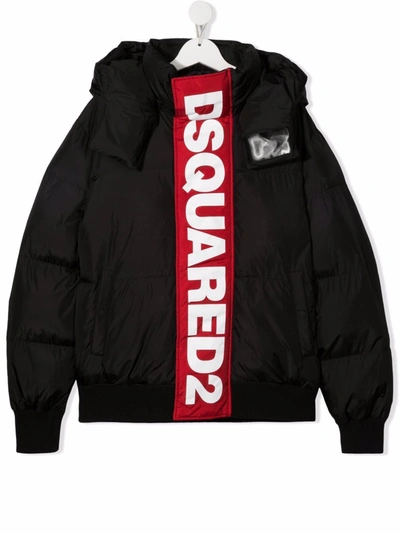 Dsquared2 Teen Logo-tape Hooded Jacket In Black