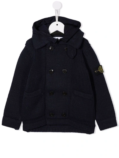 Stone Island Junior Kids' Purl-knit Double-breasted Jacket In Blue