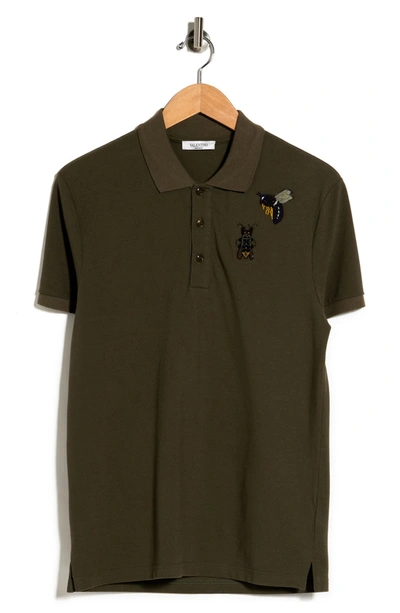 Valentino Embroidered Bug Polo Shirt In Olive