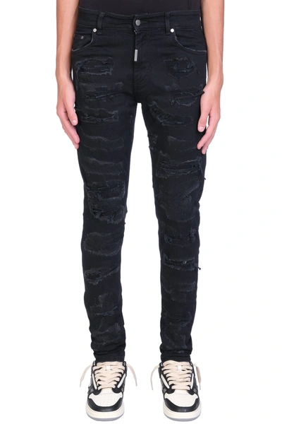 Represent Shredded Black Distressed Coated Skinny Jeans