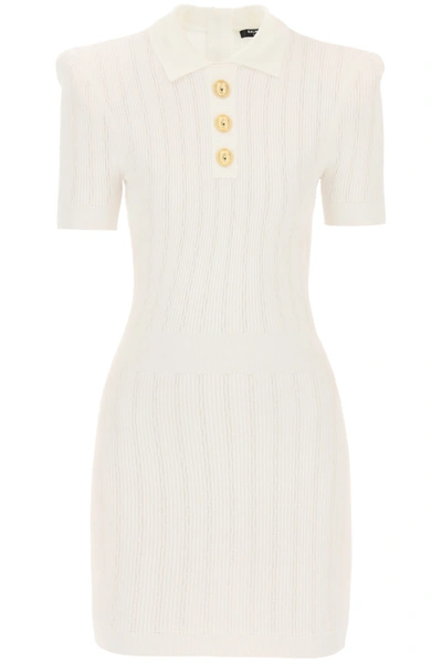 balmain button-embellished ribbed-knit mini dress In White BIS-04-09-25