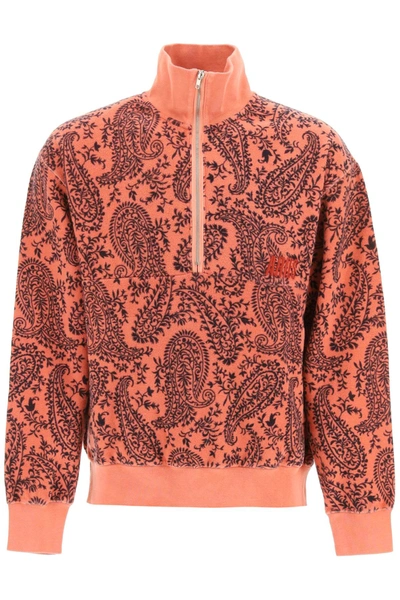 Aries Cotton Reverse Fleece Paisley Regular Fit Half Zip Sweatshirt In Pink,black